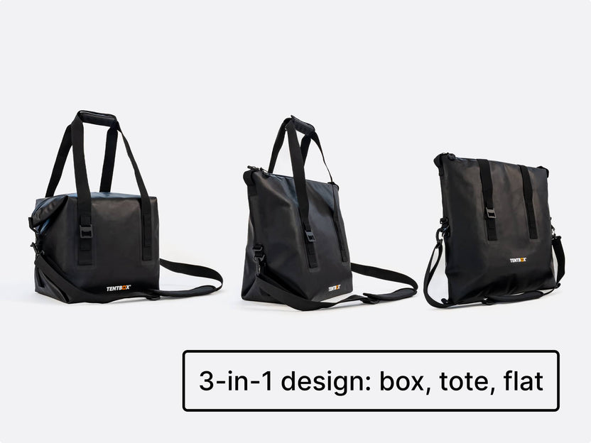 Three "modes" of the TentBox CoolBag on a white background with text '3-in-1 design: box, tote, flat'.