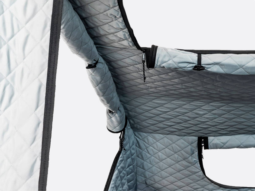 Close up shot of the GO Thermal Kit's grey quilted fabric.