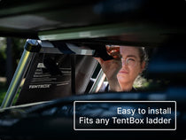 ALS LadderSteps - woman securing her LadderSteps onto her TentBox ladder. Easy to install, fits any TentBox ladder