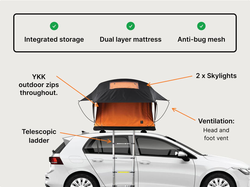 Infographic showcasing the key features of the Lite 2.0, including storage, mattress, anti-bug mesh, YKK zips and other info.