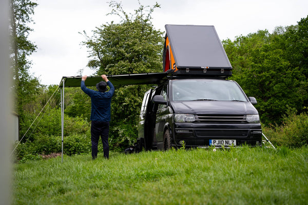 TentBox Side Awning attached to the Cargo 2.0 on a VW campervan