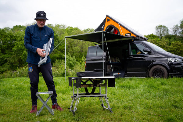 TentBox community member, Ian, sets up the KitchenBox with his VW campervan in the background